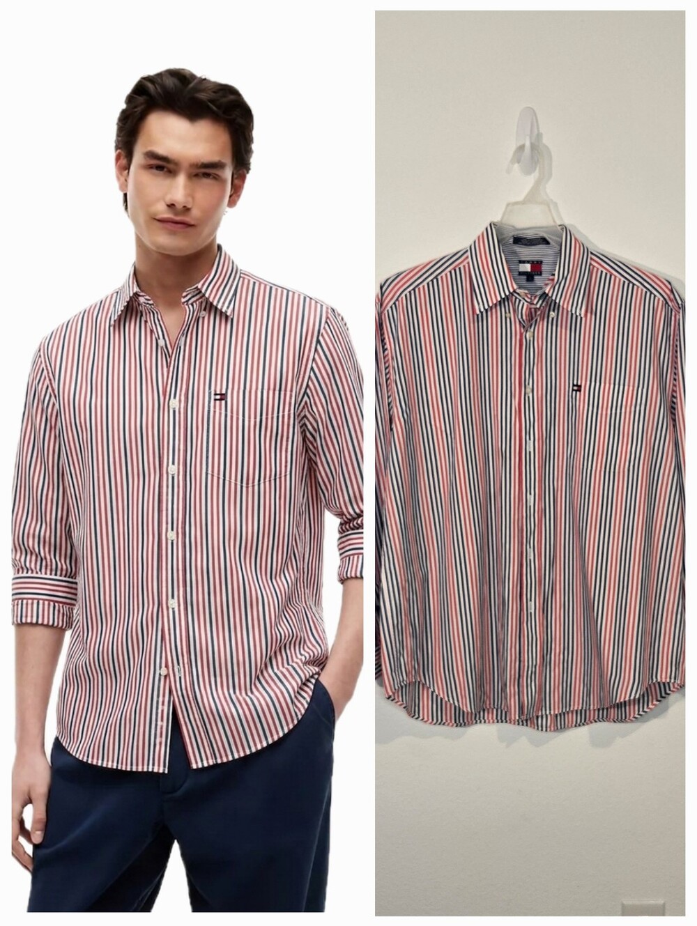 Tommy Hilfiger casual button down striped shirt size l red white and blue